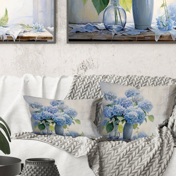 Blue Hydrangea Farmhouse Still Life - Hydrangea Throw Pillow